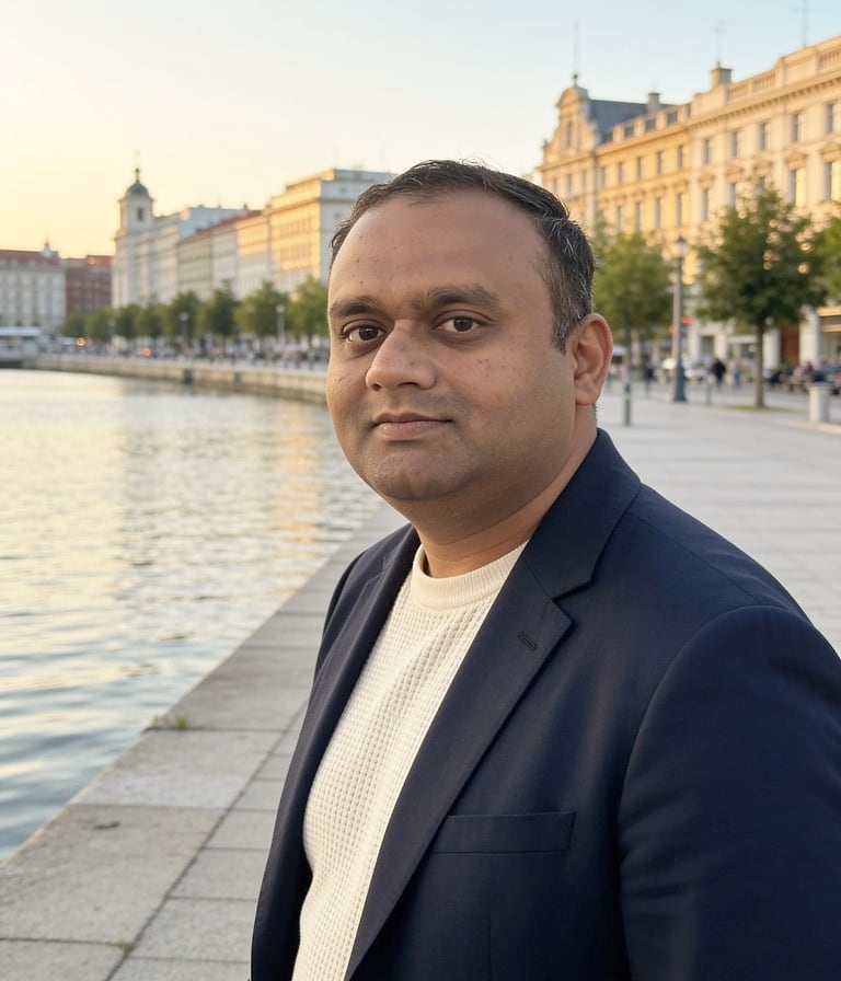 Aadhar Agarwal on a waterfront promenade at sunset